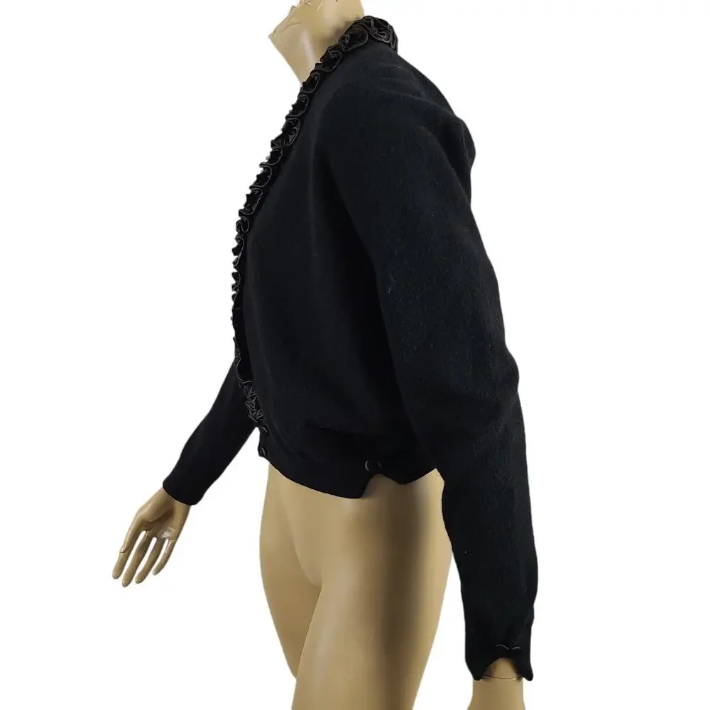 Dalton Cashmere Cardigan Vintage 50s Pinup Scroll Ruffle Trim Cinch Waist Black - Picture 6 of 16